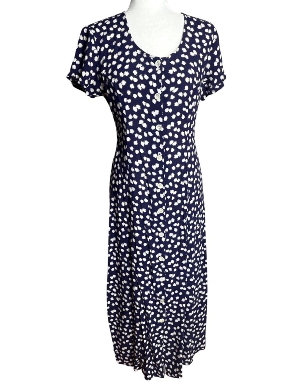 Vtg 90s Boutique Europa Midi Dress A-line Button Navy Back Tie Retro Grunge Wm 6